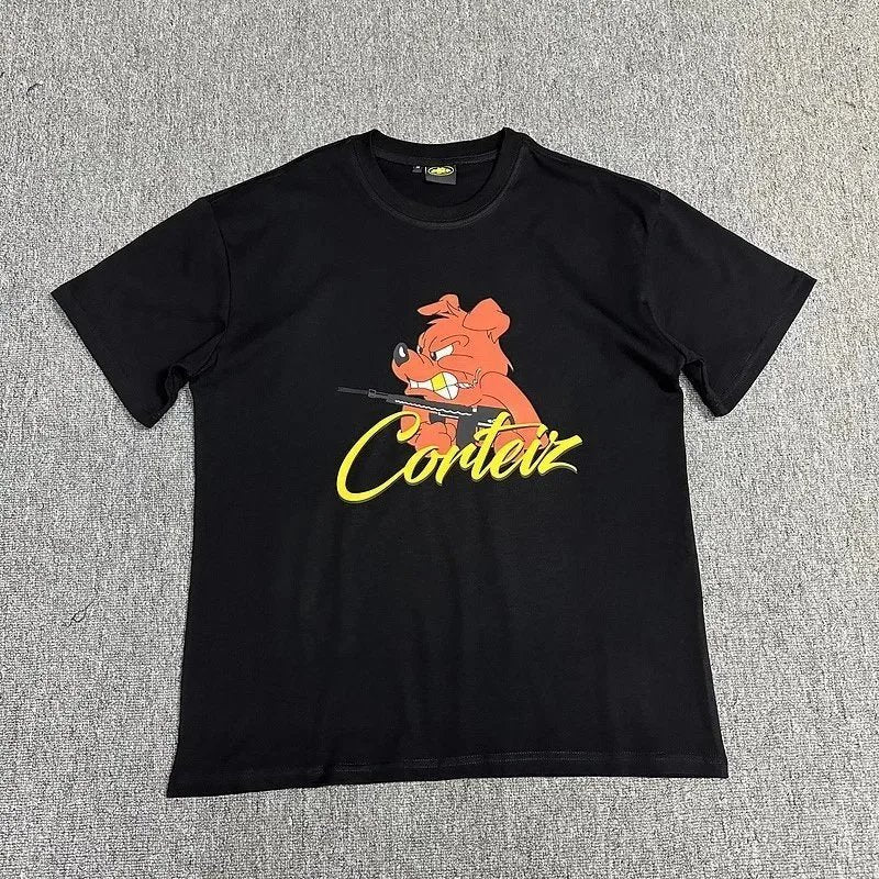 Black t-shirt with a graphic of a dog holding a gun and the word 'Corleone' on a gray background
