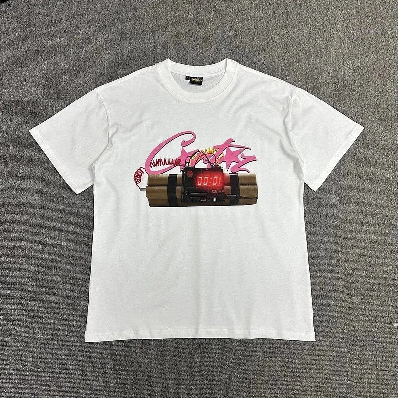White t-shirt with graphic design on a gray background