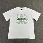 White t-shirt with graphic design and text on a gray background