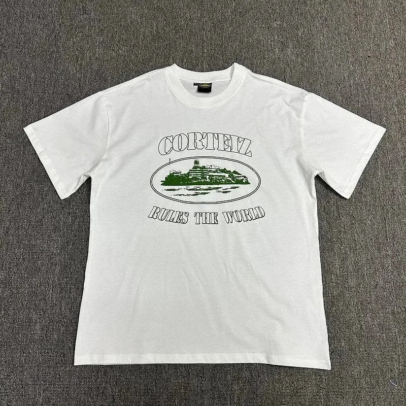 White t-shirt with graphic design and text on a gray background