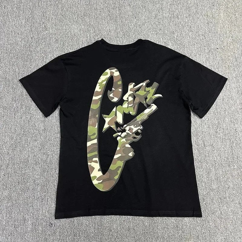 Black t-shirt with a camouflage logo on a gray background