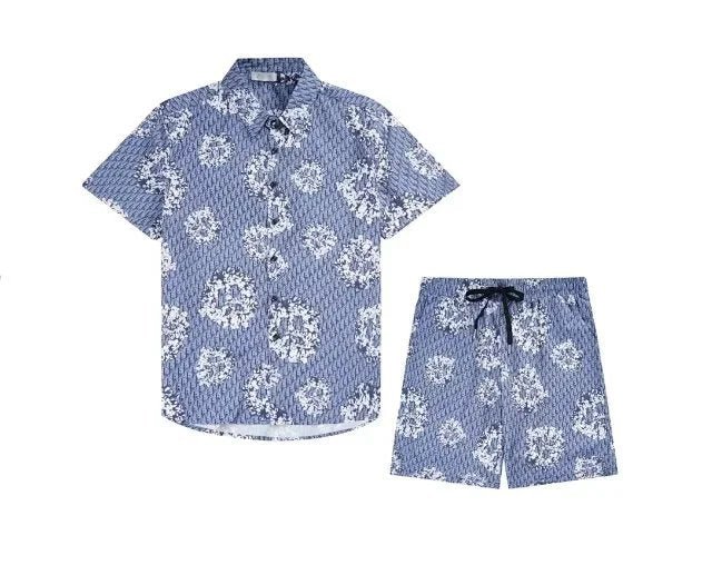 Blue floral shirt and shorts set on a white background