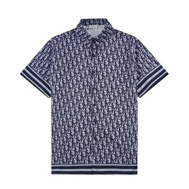 Navy blue polo shirt with white pattern on a white background
