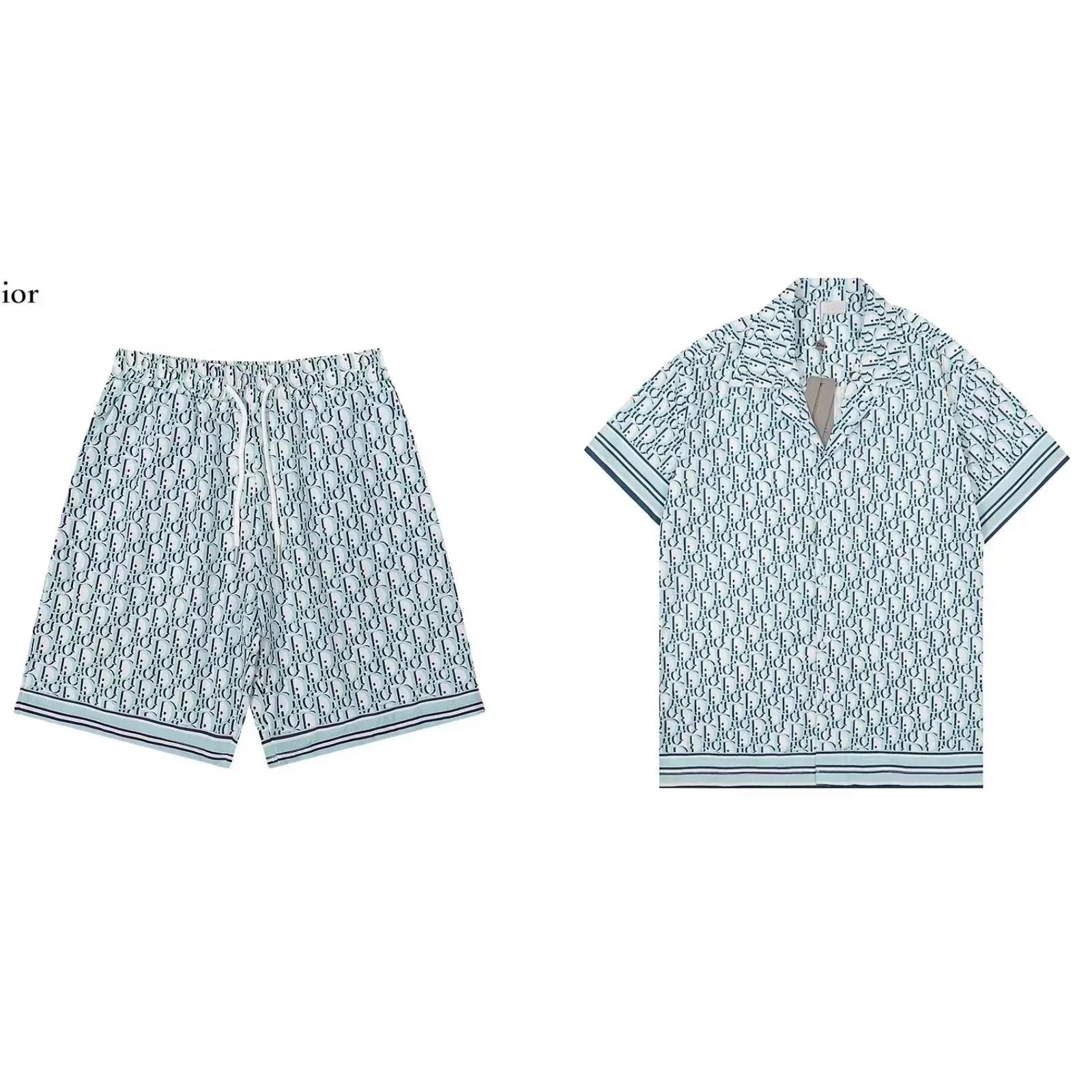 Shorts and shirt set with a blue pattern on a white background