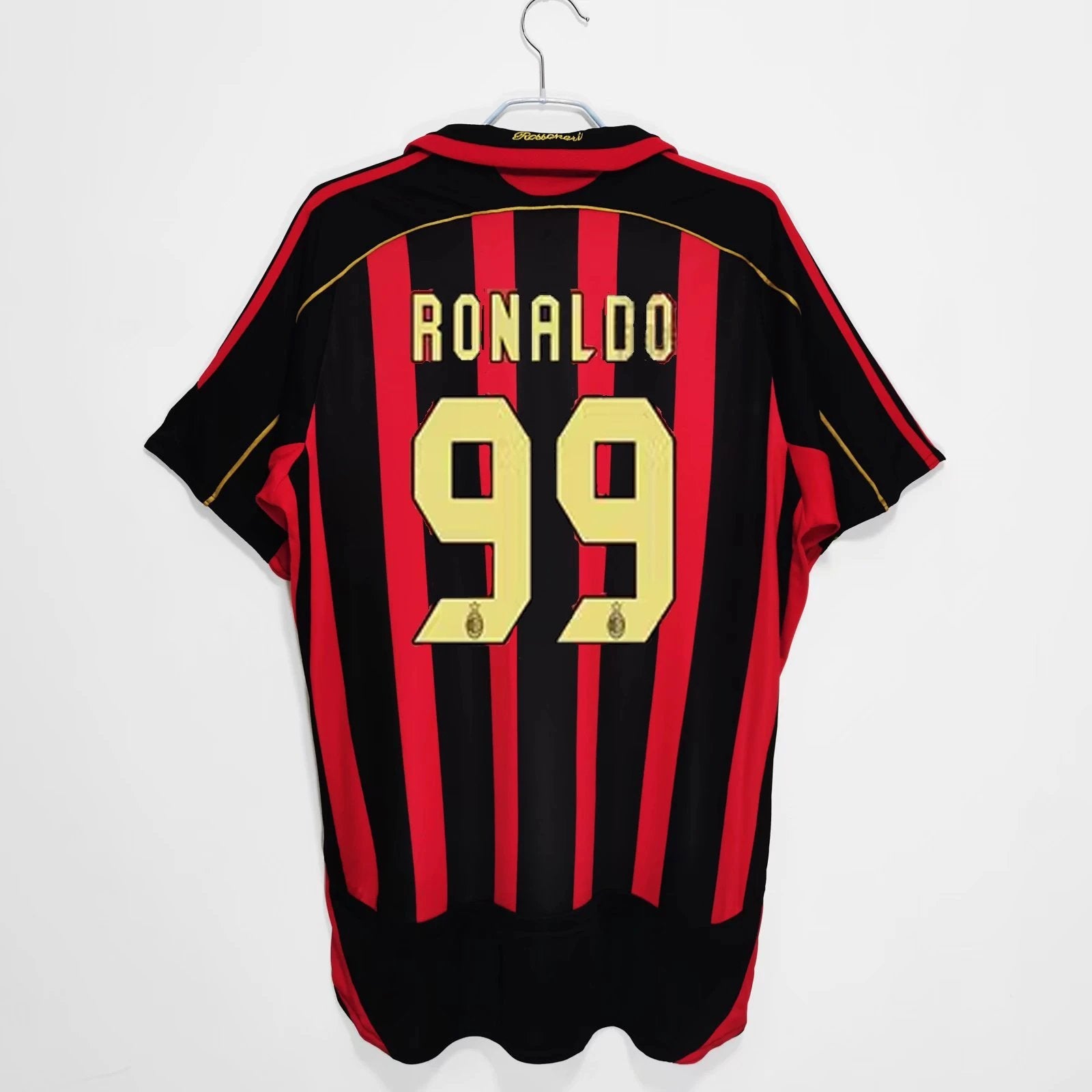 Black and red striped soccer jersey with 'RONALDO 99' on a white background