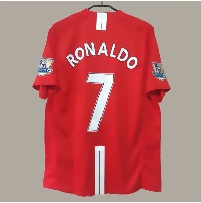Red sports jersey with 'RONALDO' and number '7' on a beige background