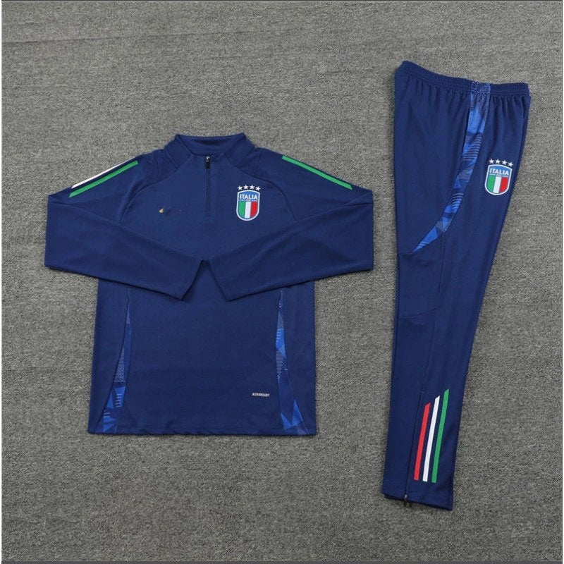 Blue tracksuit with Italian flag design on a gray background