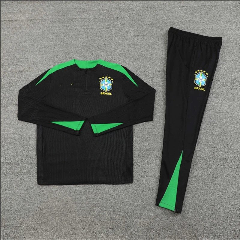 Black and green sports outfit with Brazilian flag emblem on a gray background
