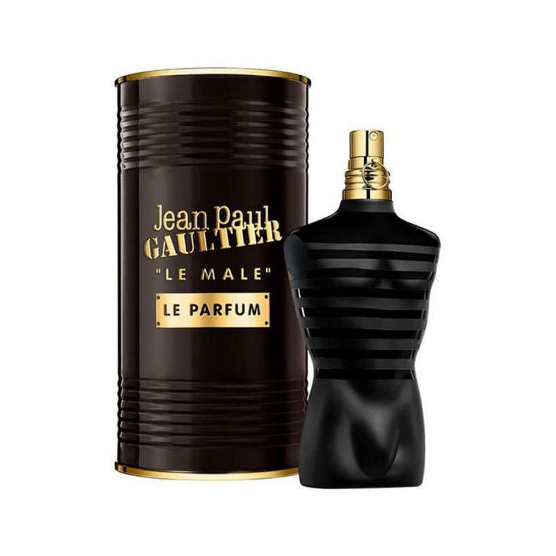 Jean Paul Gaultier Le Male Le Parfum perfume bottle and packaging on a white background