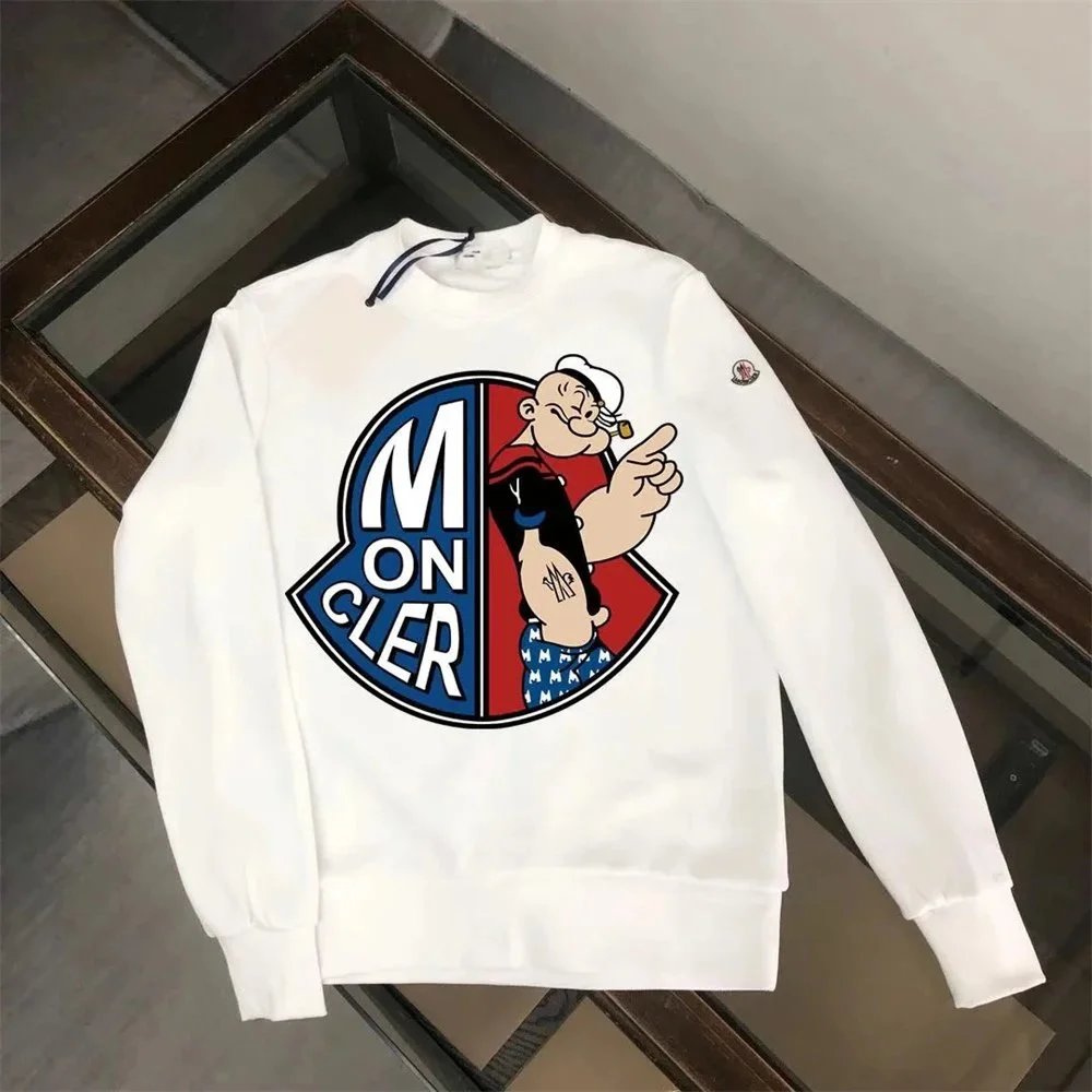 White sweatshirt with a colorful graphic design on a plain background