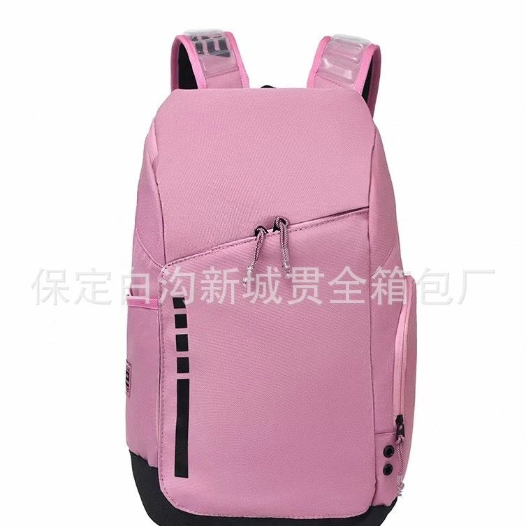 A pink backpack with black trim and silver zipper pulls, shown against a plain white background with a faint Chinese watermark across the middle.