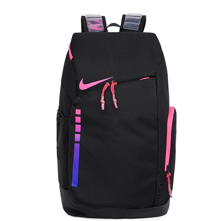 Black backpack with pink and purple accents on a white background