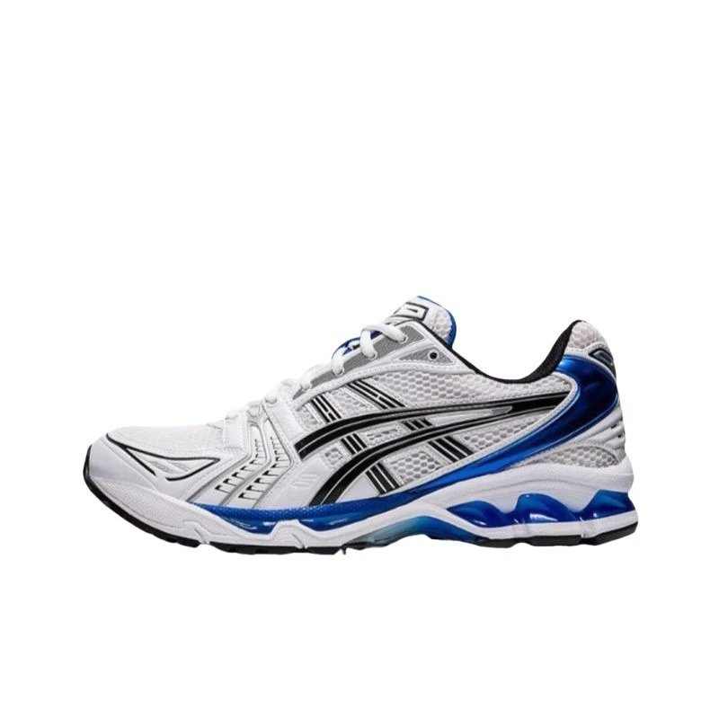 White athletic shoe with blue accents on a white background