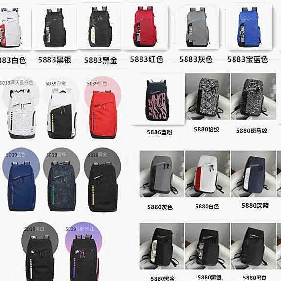 A collage showing multiple backpack color options with Chinese text labels beneath each variant. The image displays several backpacks in white, black, gold, red, gray, blue, pink, patterned gray/black, and navy, arranged in rows on a light background.