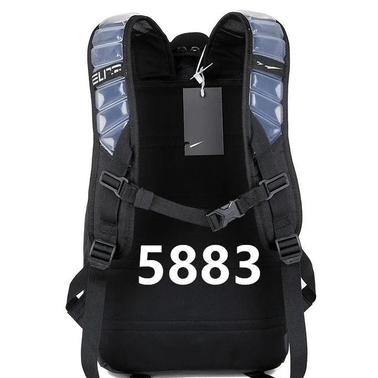 Black Nike backpack shown from the back, featuring padded shoulder straps with translucent blue-gray protective panels, adjustable black straps, and a hangtag. A large white '5883' text overlay is printed on the center of the bag.