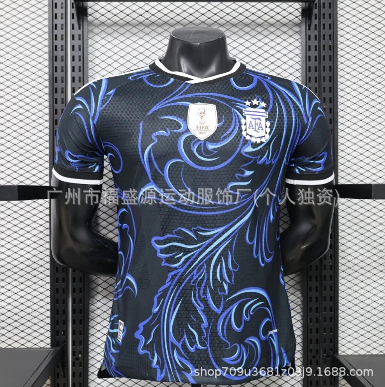 Black sports jersey with blue patterns on a mannequin against a grid background