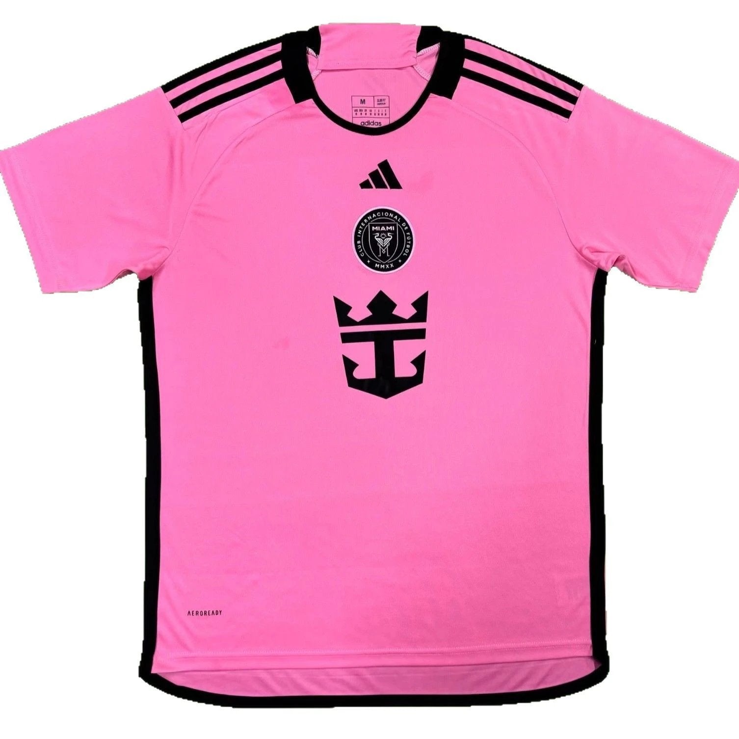 Pink sports jersey with black accents and logos on a white background