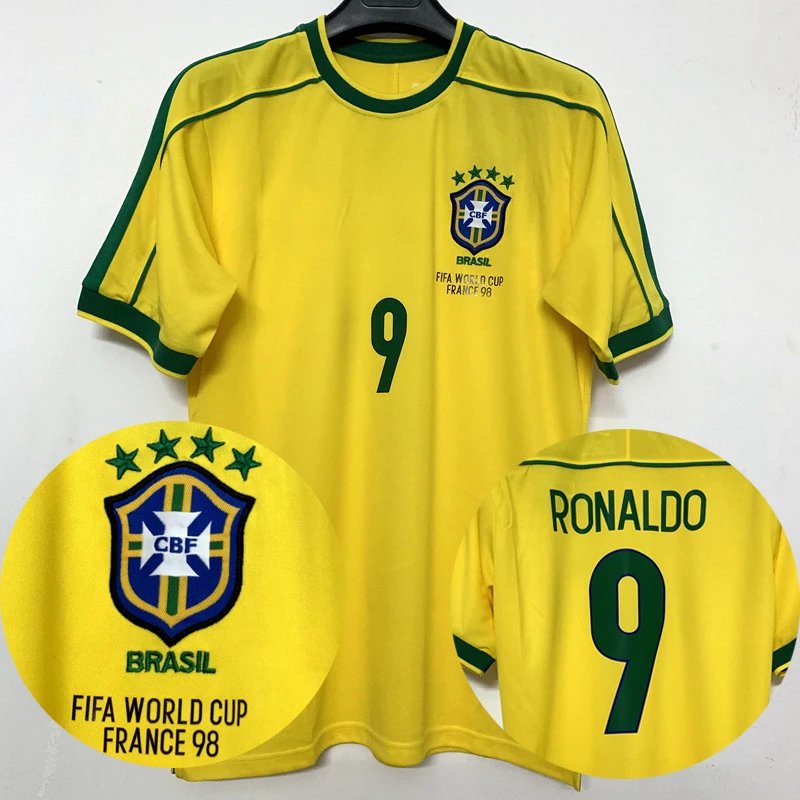 Yellow soccer jersey with green accents, featuring the CBF logo and 'Ronaldo' on a white background.