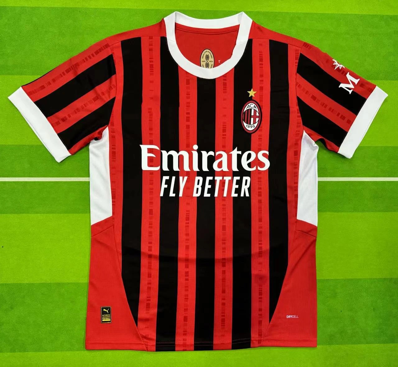 Red and black sports jersey with Emirates logo on a green background