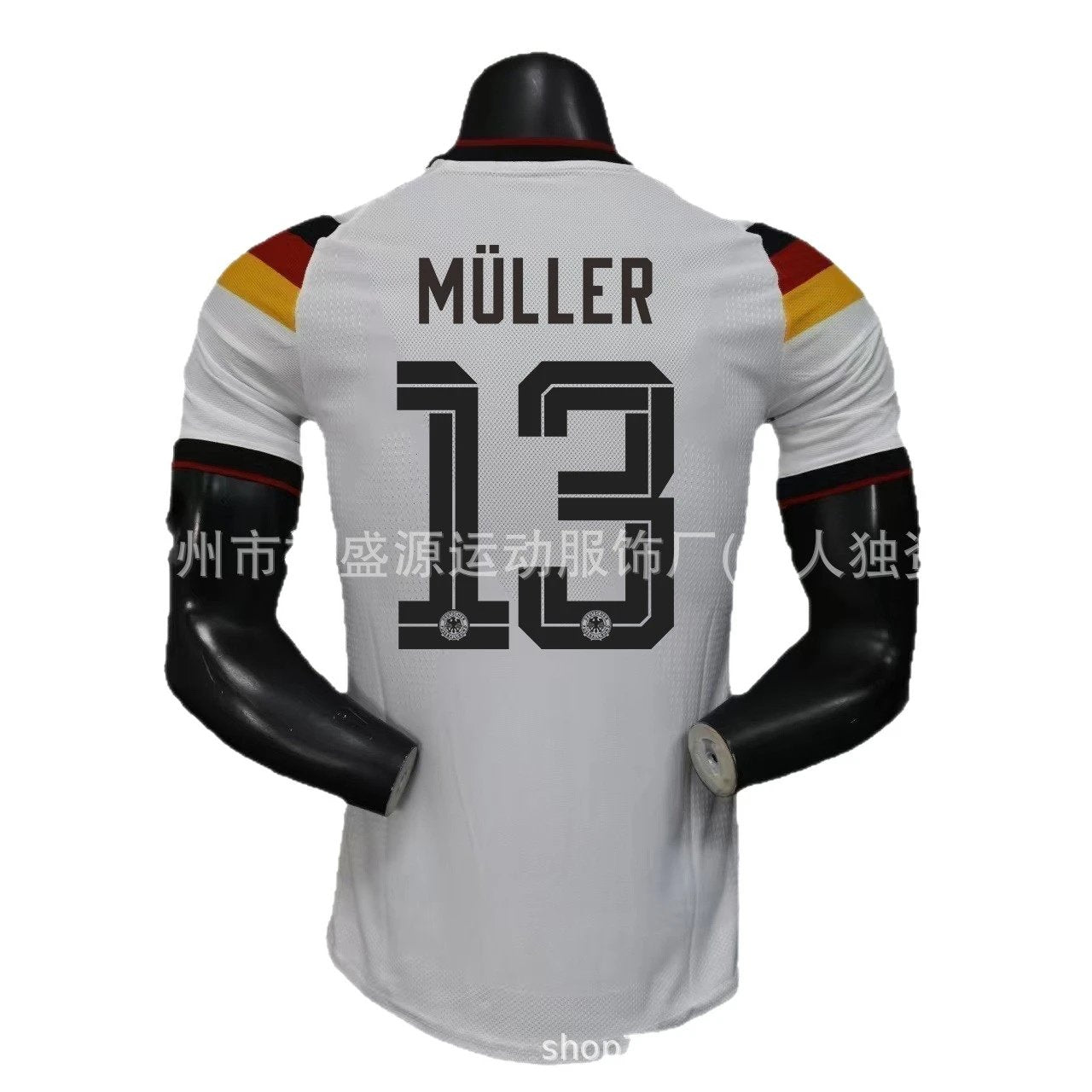 White sports jersey with 'Müller' and number '13' on a mannequin against a white background