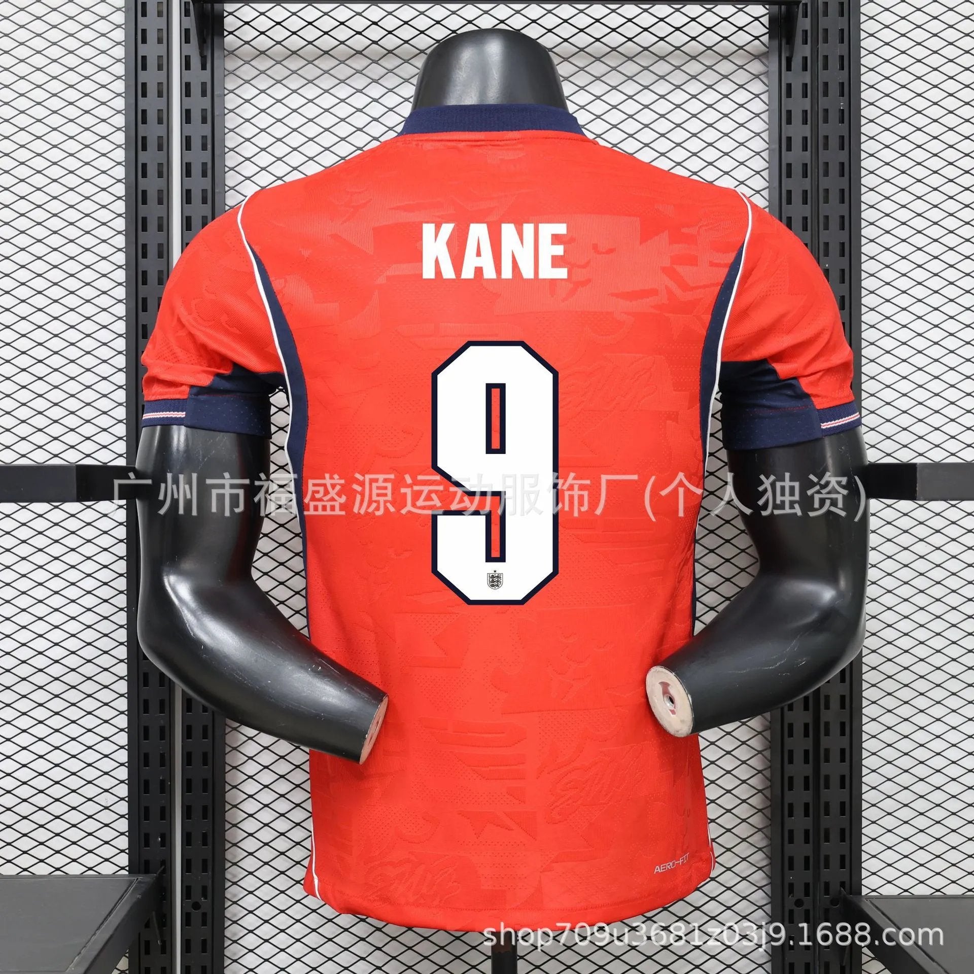 Red sports jersey with 'KANE' and number '9' on a mannequin against a grid background.