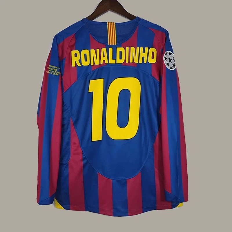 Long-sleeve football jersey with 'Ronaldinho' and number '10' on a hanger against a plain background