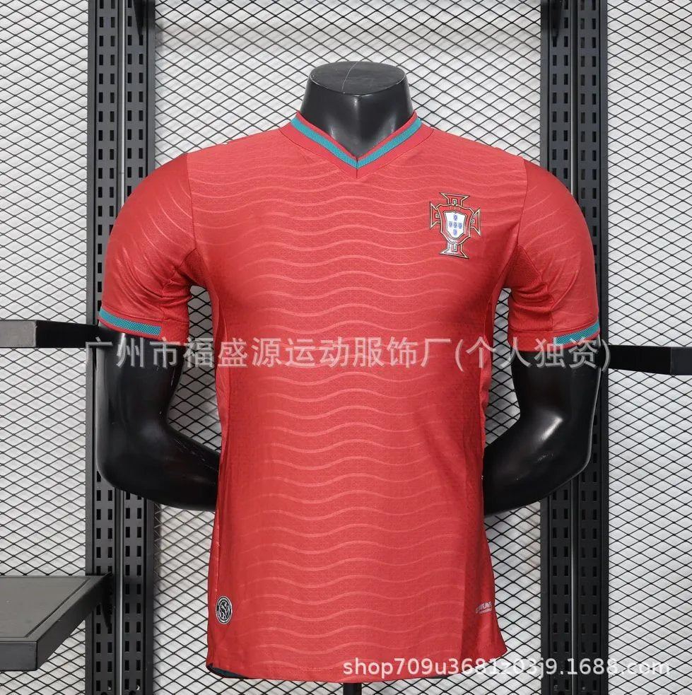 Red sports jersey on a mannequin against a black metal grid background