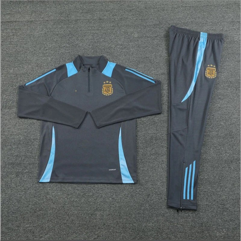 Gray tracksuit with blue accents on a gray background