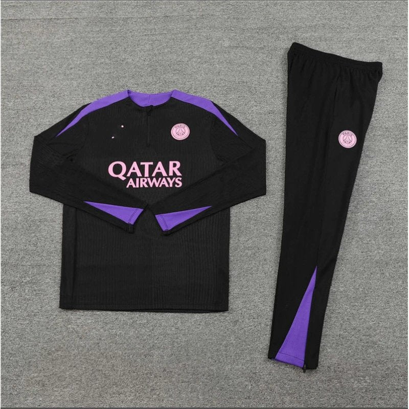 Black sports outfit with purple accents and Qatar Airways logo on a gray background