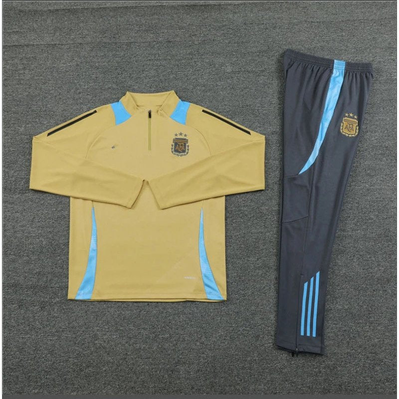 Yellow and gray tracksuit with blue accents on a gray background