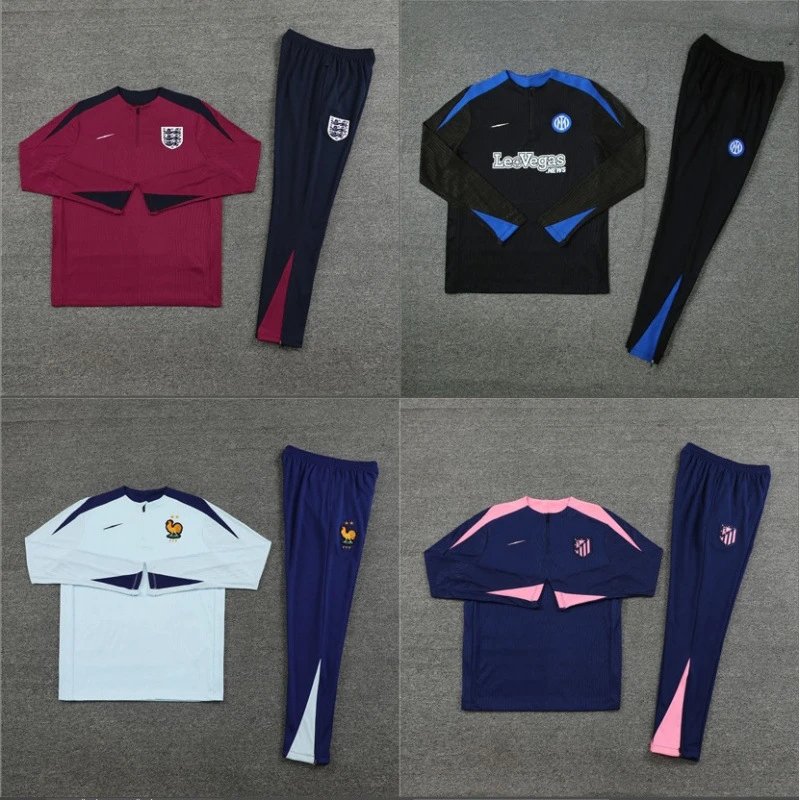 Four different tracksuit sets displayed on a gray background