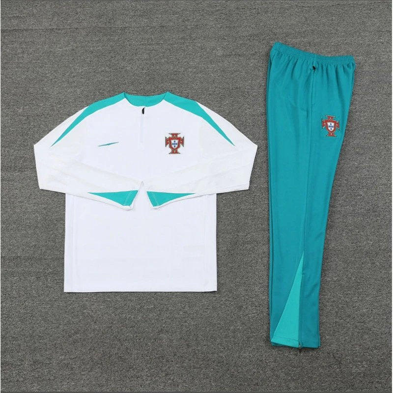 White and teal sports outfit with a logo on a gray background