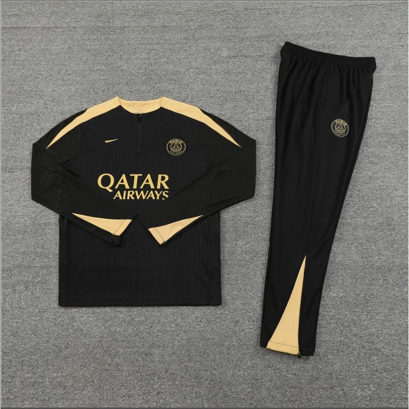 Black and gold tracksuit with Qatar Airways branding on a gray background
