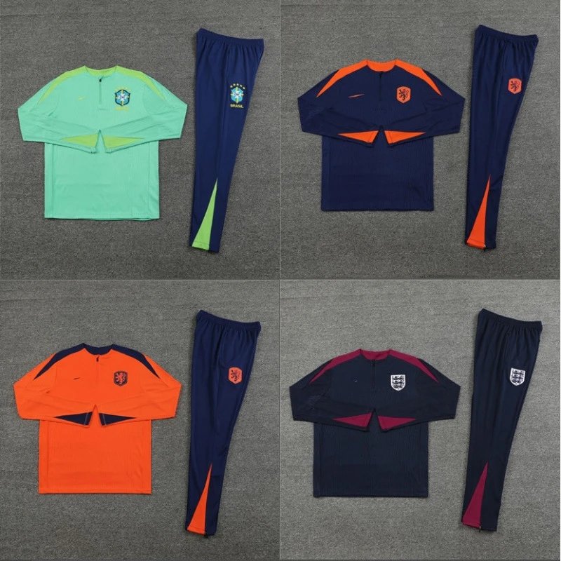 Four different athletic outfits with sports logos on a gray background