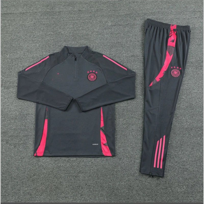 Gray tracksuit with pink accents on a gray background