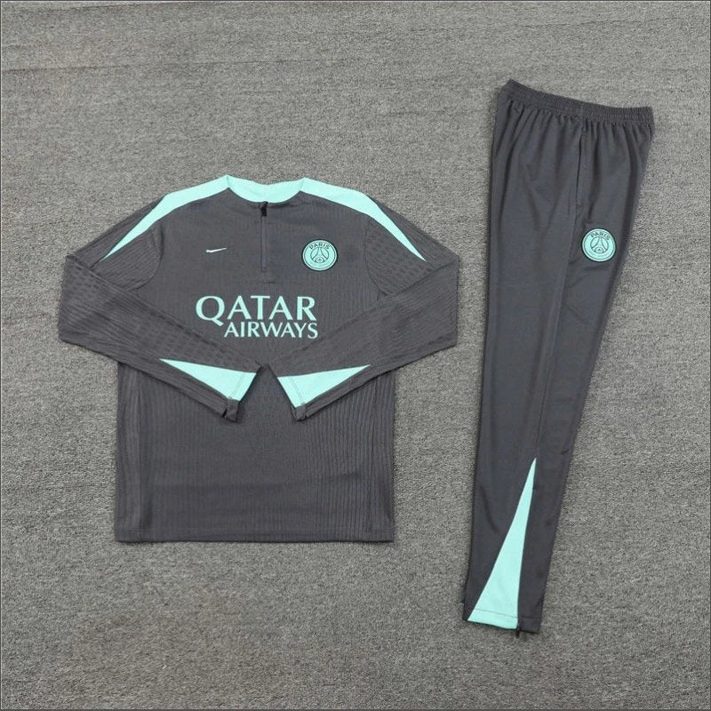 Gray tracksuit with light blue accents and 'Qatar Airways' branding on a gray background