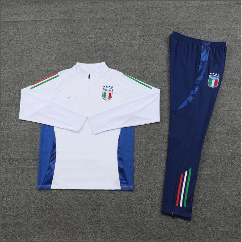 White and blue tracksuit with Italian flag design on a gray background