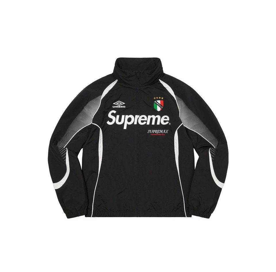A black zip-up jacket featuring a high collar, with 'Supreme' and 'Umbro' branding, displayed on a solid white background.