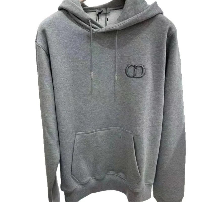 A heather gray pullover hoodie with a drawstring hood, kangaroo pocket, and a black interlocking double-O logo on the left chest, shown against a plain white background.