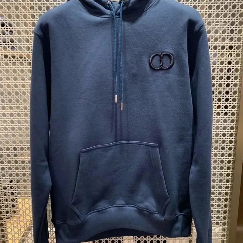 A navy blue pullover hoodie with a drawstring half-zip, a kangaroo pocket, and a black embroidered interlocking double-ring logo on the left chest, displayed against a beige geometric wire mesh background.