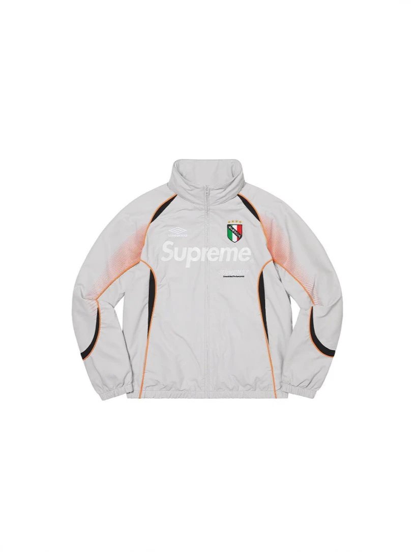 Gray jacket with 'Supreme' logo on a white background