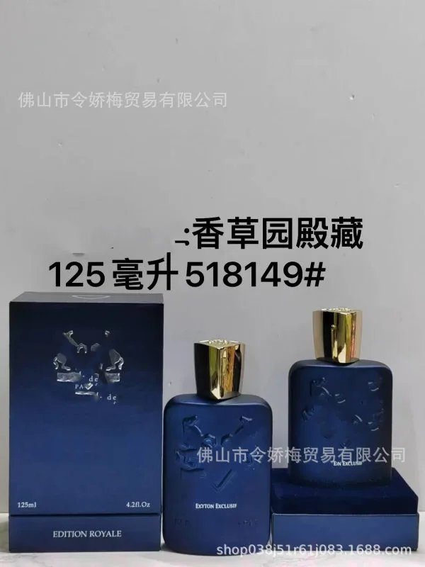 Blue perfume bottles and packaging with text on a gray background