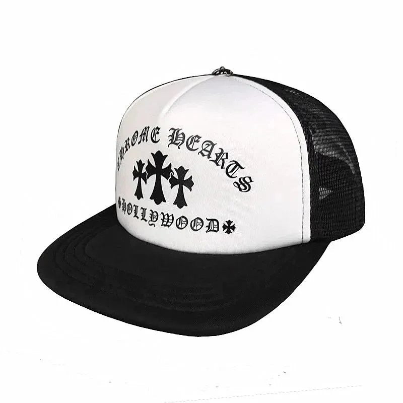 Black and white trucker hat with 'Robo Hearts' and 'Woodland' text on a white background