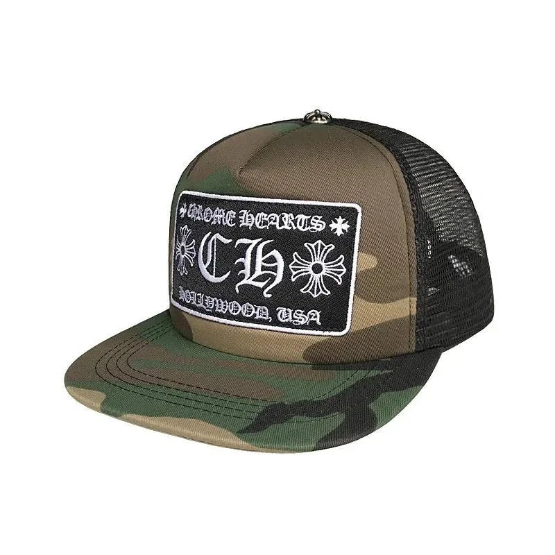 Green and brown trucker hat with a logo on a white background