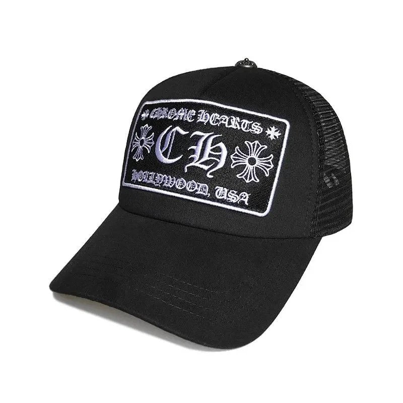Black cap with white logo and text on a white background