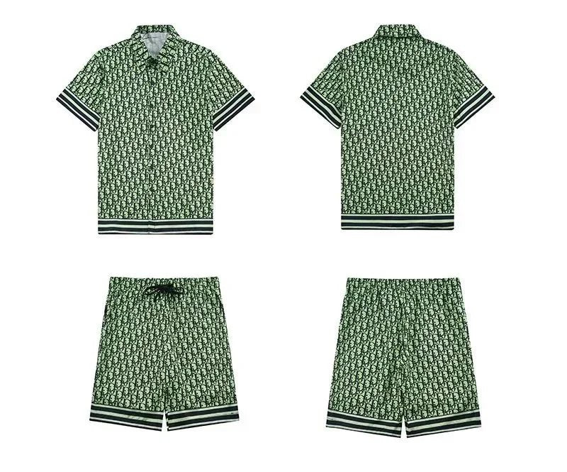 Green patterned shirt and shorts set shown from front, back, and side views on a white background.