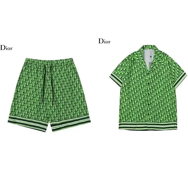 Green patterned shorts and shirt set with Dior branding on a white background