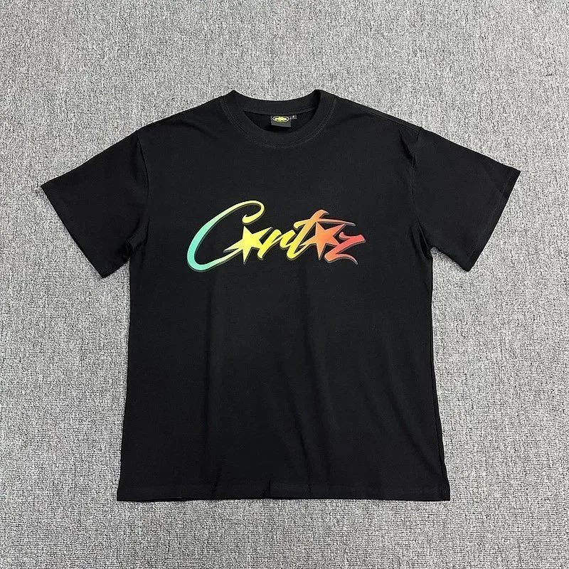 Black t-shirt with colorful 'Cortez' logo on a textured gray background