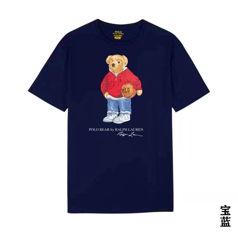 Navy blue t-shirt with a bear graphic in a red sweater and basketball, Ralph Lauren logo visible.