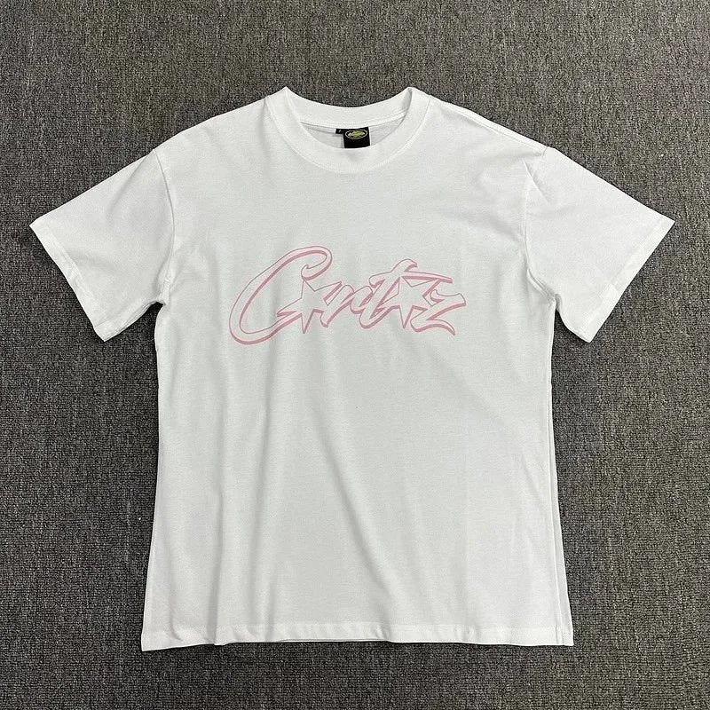 White t-shirt with pink logo on a gray background
